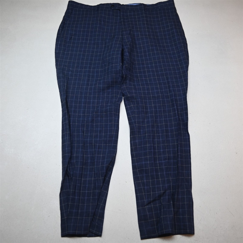 Tommy Hilfiger 44x32 Blue Windowpane Check 100% Linen Straight Dress Mens Pants